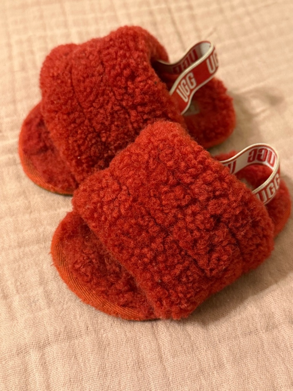 UGG Red Shearling Slide Sandals with Branded Sling size 4/5
